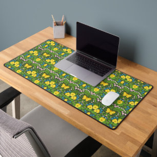 Yellow pansies, birds and butterflies desk mat