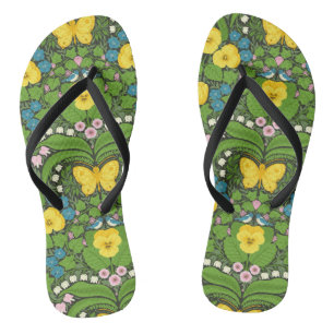 Yellow pansies, birds and butterflies flip flops