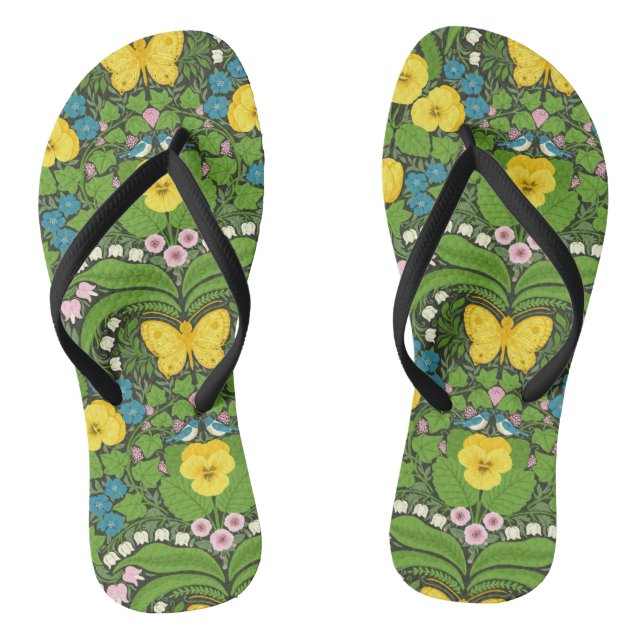 Yellow pansies, birds and butterflies flip flops (Footbed)