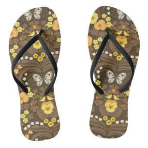Yellow pansies, birds and butterflies flip flops