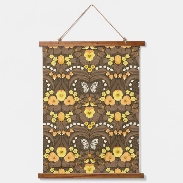 Yellow pansies, birds and butterflies hanging tapestry (Front)