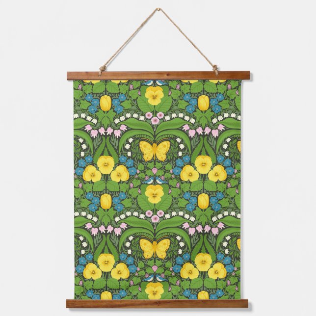 Yellow pansies, birds and butterflies hanging tapestry (Front)