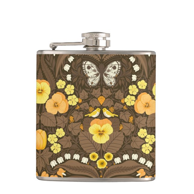 Yellow pansies, birds and butterflies hip flask (Front)