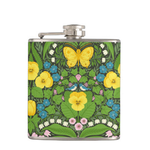 Yellow pansies, birds and butterflies hip flask