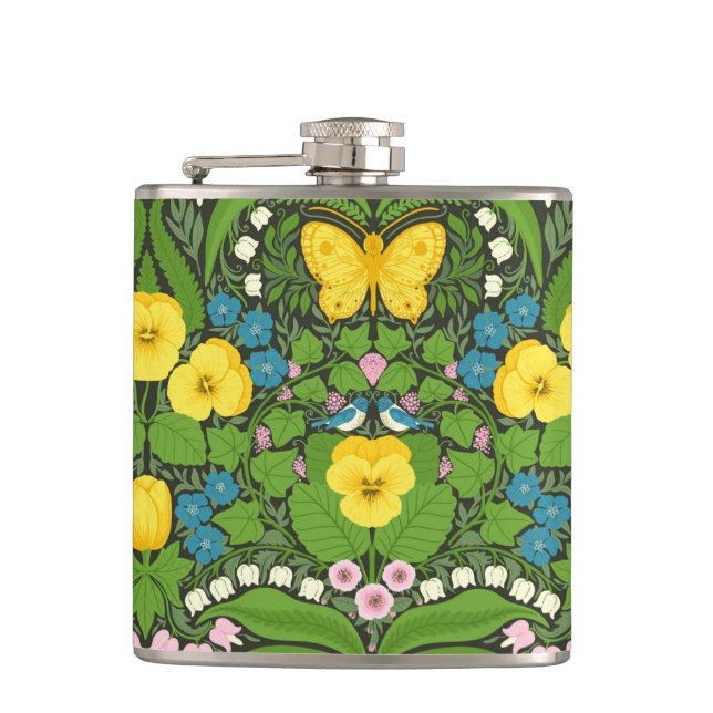 Yellow pansies, birds and butterflies hip flask (Front)