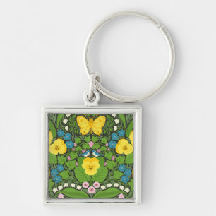 Yellow pansies, birds and butterflies key ring
