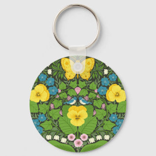 Yellow pansies, birds and butterflies key ring