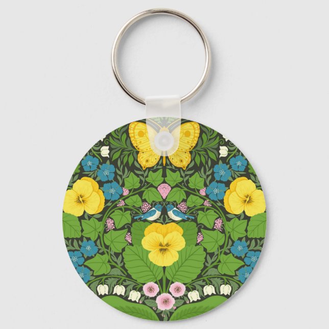 Yellow pansies, birds and butterflies key ring (Front)
