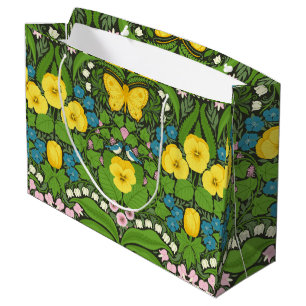 Yellow pansies, birds and butterflies large gift bag