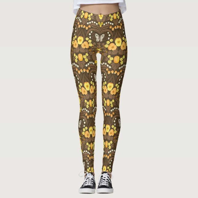 Yellow pansies, birds and butterflies leggings (Front)
