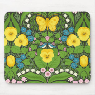 Yellow pansies, birds and butterflies mouse mat