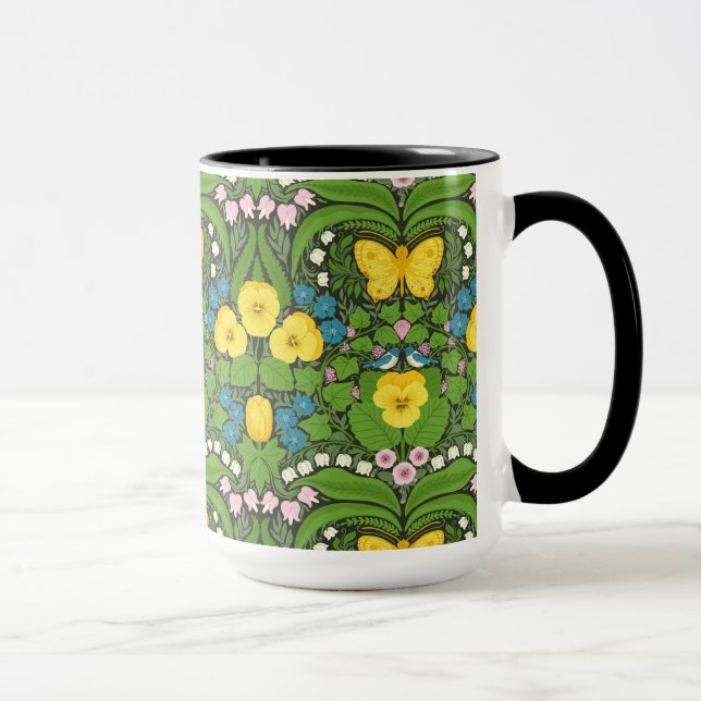 Yellow pansies, birds and butterflies mug (Right)