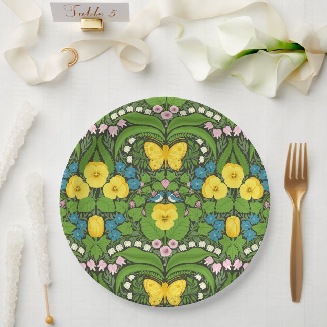 Yellow pansies, birds and butterflies paper plate (Wedding)