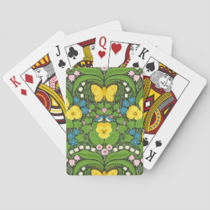 Yellow pansies, birds and butterflies playing cards