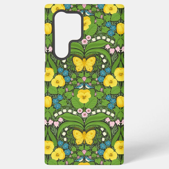 Yellow pansies, birds and butterflies samsung galaxy s22 ultra case (Back)