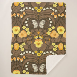 Yellow pansies, birds and butterflies sherpa blanket