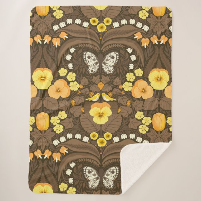 Yellow pansies, birds and butterflies sherpa blanket (Front)
