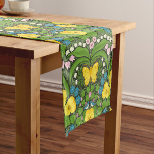 Yellow pansies, birds and butterflies short table runner
