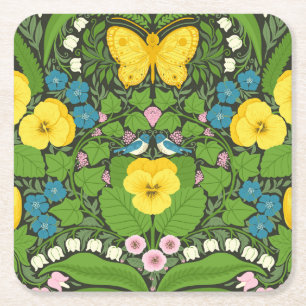 Yellow pansies, birds and butterflies square paper coaster