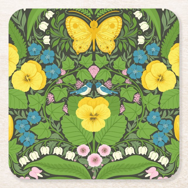 Yellow pansies, birds and butterflies square paper coaster (Front)