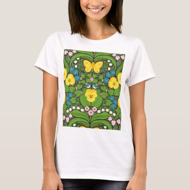 Yellow pansies, birds and butterflies T-Shirt (Front)