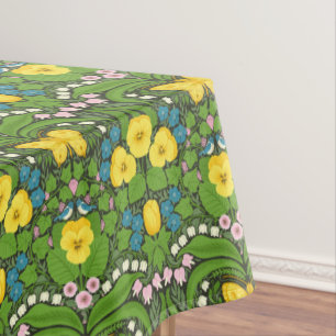 Yellow pansies, birds and butterflies tablecloth
