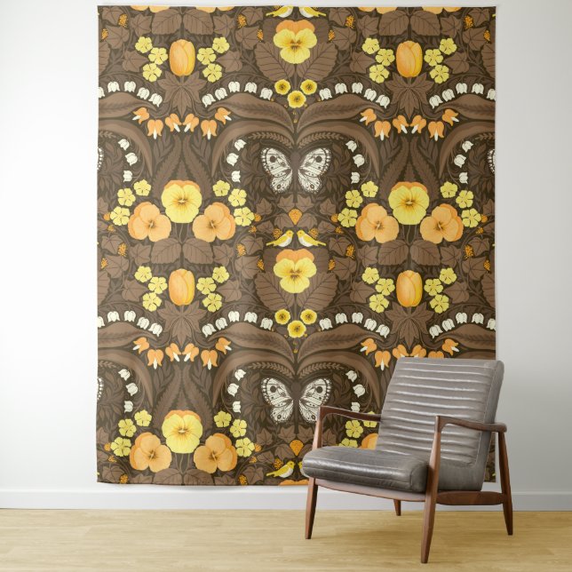 Yellow pansies, birds and butterflies tapestry (In Situ)