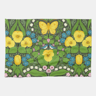 Yellow pansies, birds and butterflies tea towel