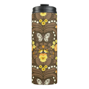 Yellow pansies, birds and butterflies thermal tumbler