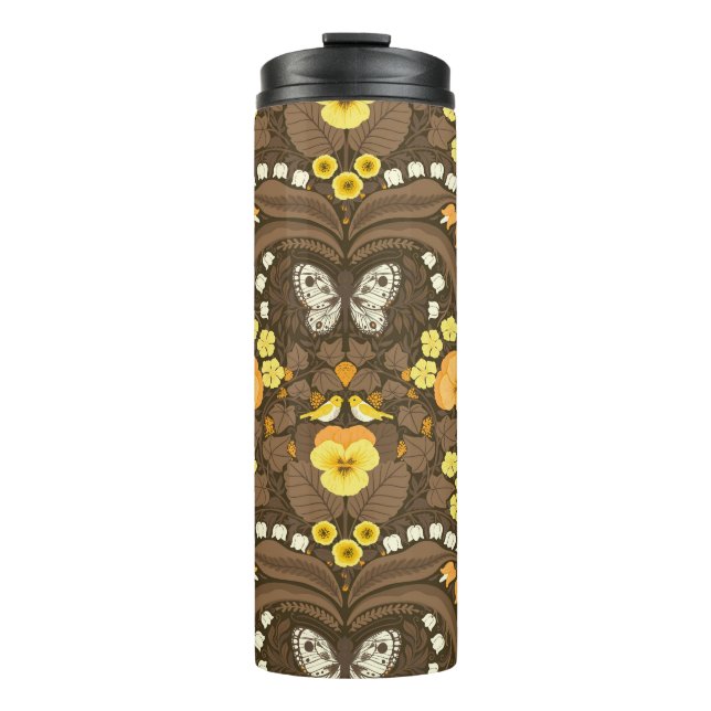 Yellow pansies, birds and butterflies thermal tumbler (Front)