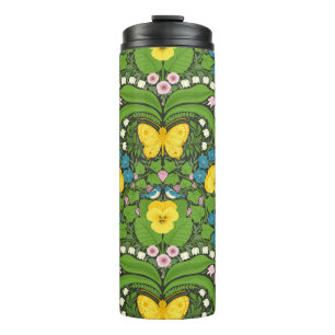 Yellow pansies, birds and butterflies thermal tumbler
