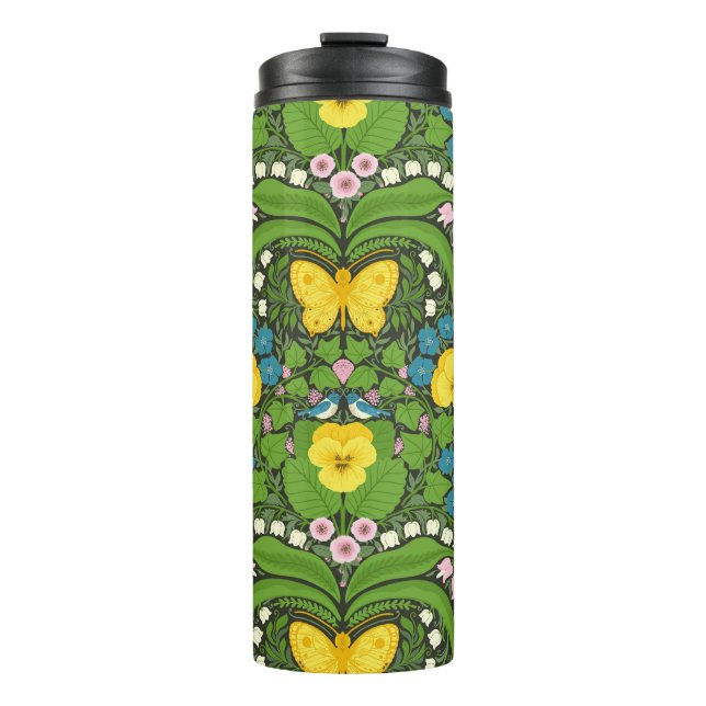 Yellow pansies, birds and butterflies thermal tumbler (Front)