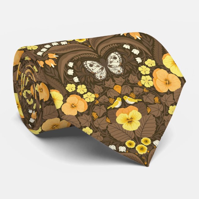 Yellow pansies, birds and butterflies tie (Rolled)