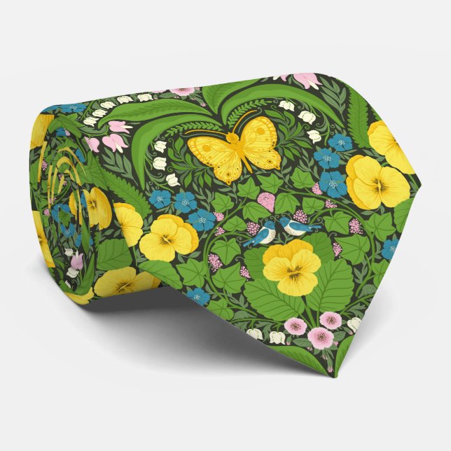 Yellow pansies, birds and butterflies tie (Rolled)
