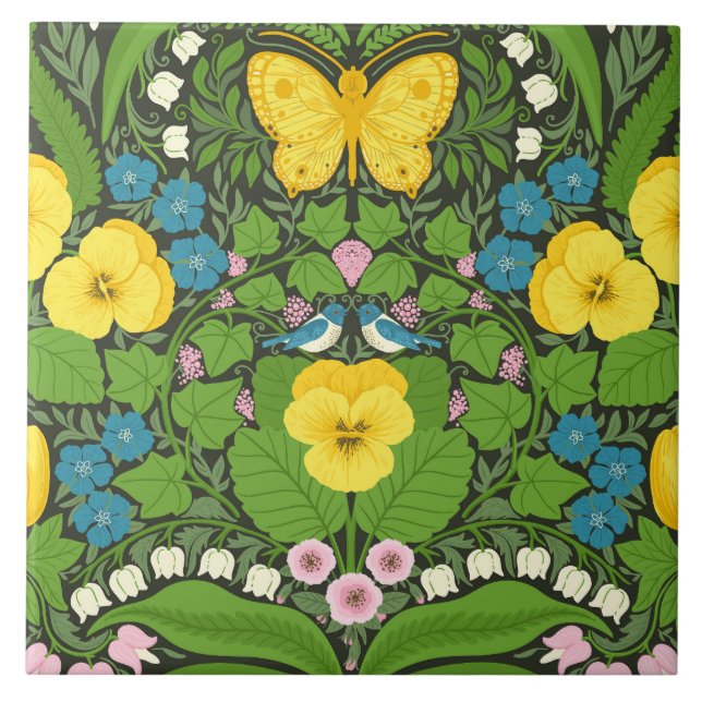 Yellow pansies, birds and butterflies tile (Front)