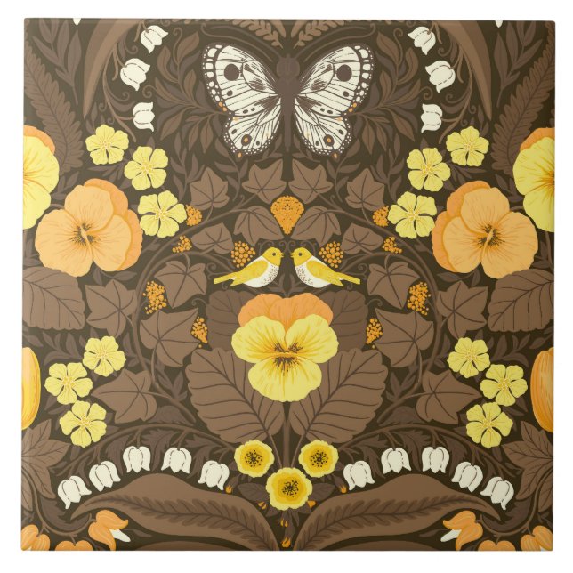 Yellow pansies, birds and butterflies tile (Front)