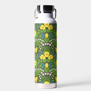 Yellow pansies, birds and butterflies water bottle