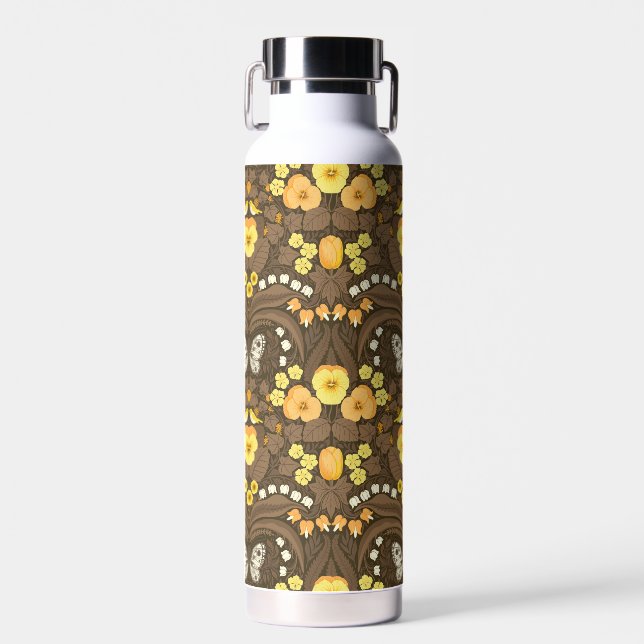 Yellow pansies, birds and butterflies water bottle (Front)