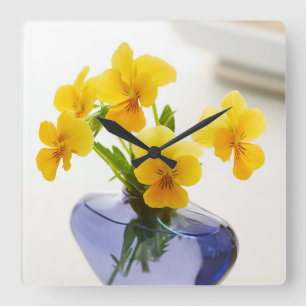 Yellow Pansies Purple Vase Pansy Flowers Spa Bath Square Wall Clock