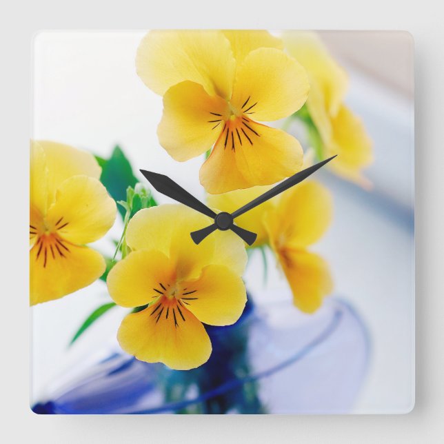 Yellow Pansies Purple Vase Pansy Flowers Spa Bath Square Wall Clock (Front)