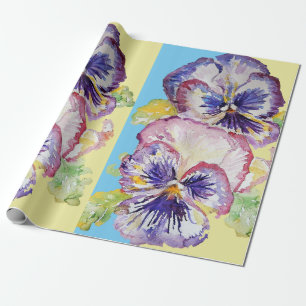 Yellow Pansy Purple Spring flowers Watercolor Wrapping Paper