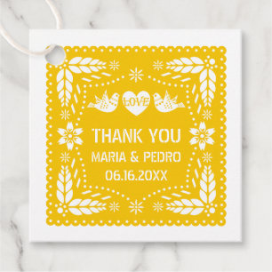 Yellow papel picado love birds wedding fiesta favour tags