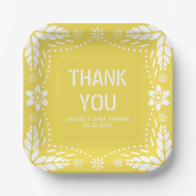 Yellow papel picado Thank You Baby Shower Paper Plate (Front)