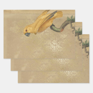Yellow Parrot on Tan and Gold Wrapping Paper Sheet