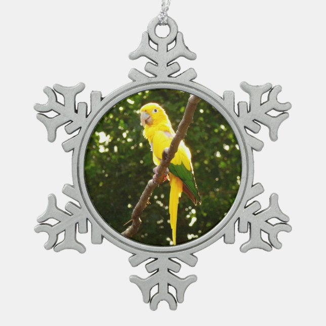 Yellow Parrot Snowflake Pewter Christmas Ornament (Front)