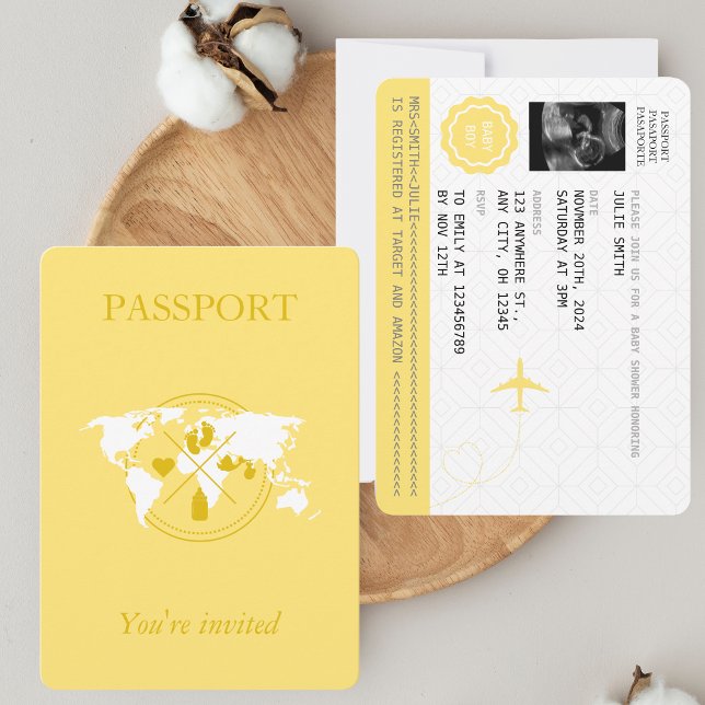 Yellow Passport Travel Boy Baby Shower World Map I Invitation (Creator Uploaded)