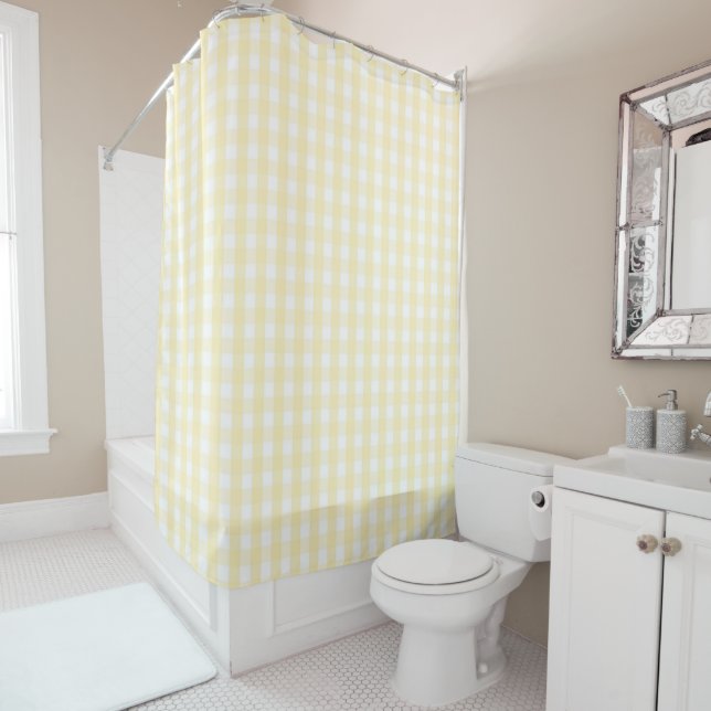 Yellow Pastel Gingham Pattern Modern Farmhouse Shower Curtain (In Situ)