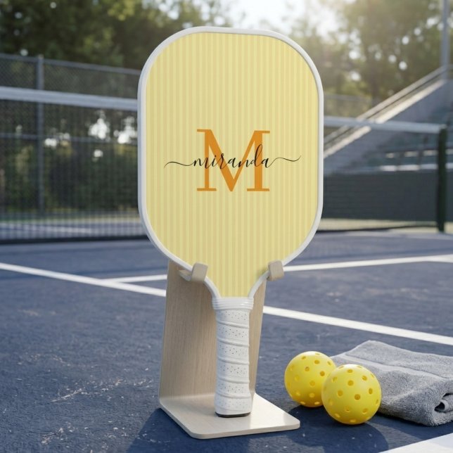 Yellow Pastel Stripes Custom Initial Name Pickleball Paddle (Creator Uploaded)