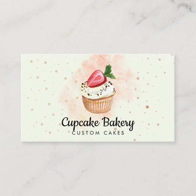 Yellow Pastry Watercolor Strawberry Cupcake Business Card (Front)