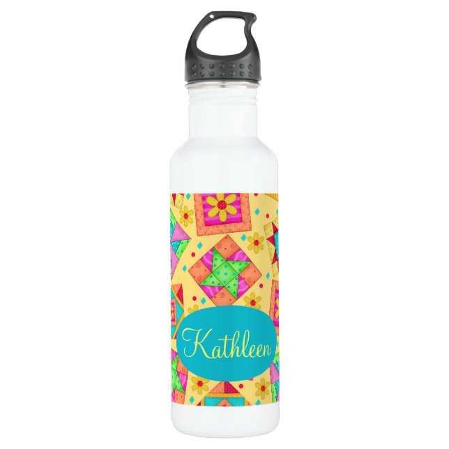 Yellow Patchwork Quilt Block Art Personalised 710 Ml Water Bottle (Front)